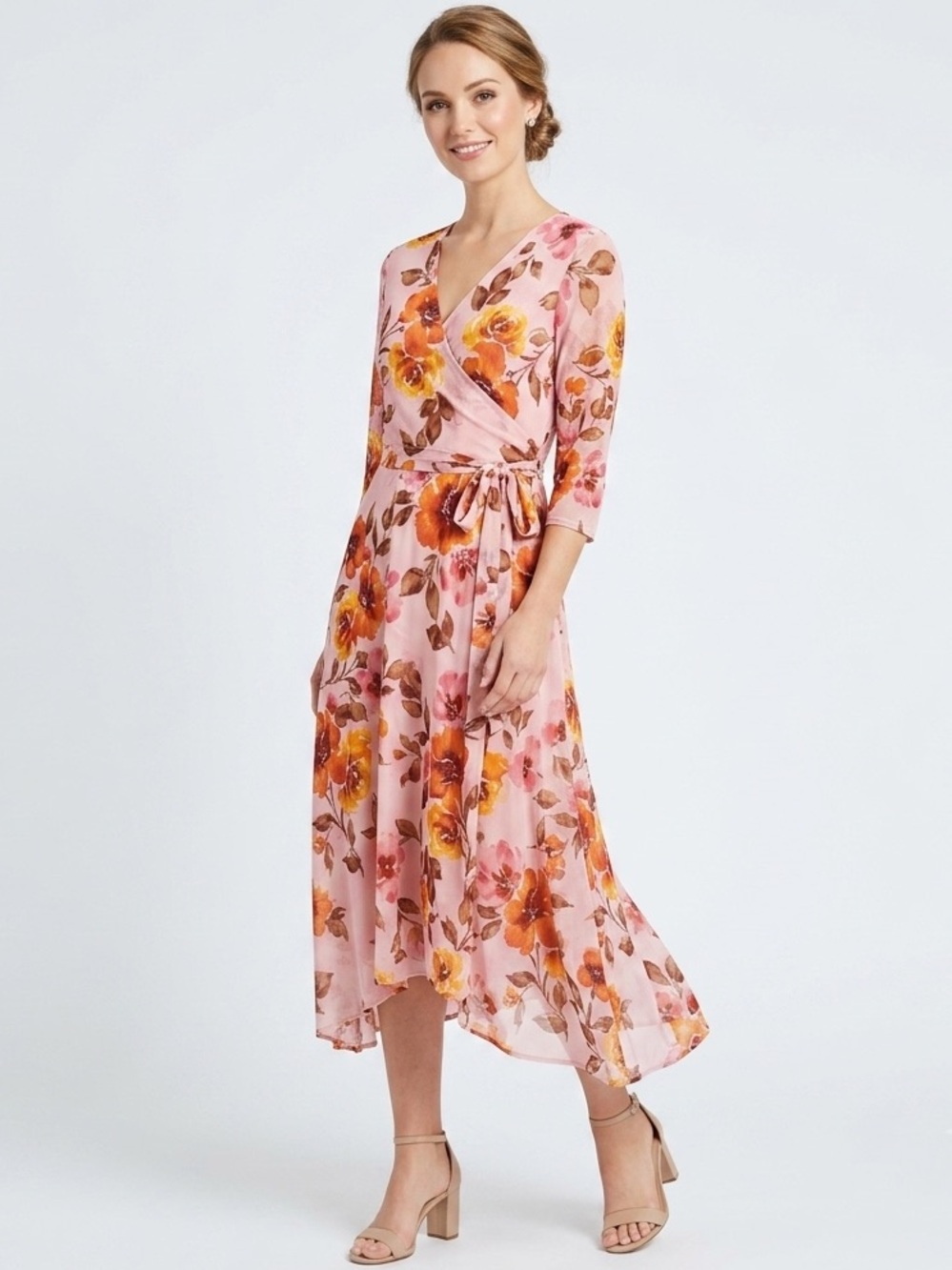 NEW Stella & Julie Floral Midi Dress Size 12 Pink Mesh 3/4 Sleeves GrandMa edgy